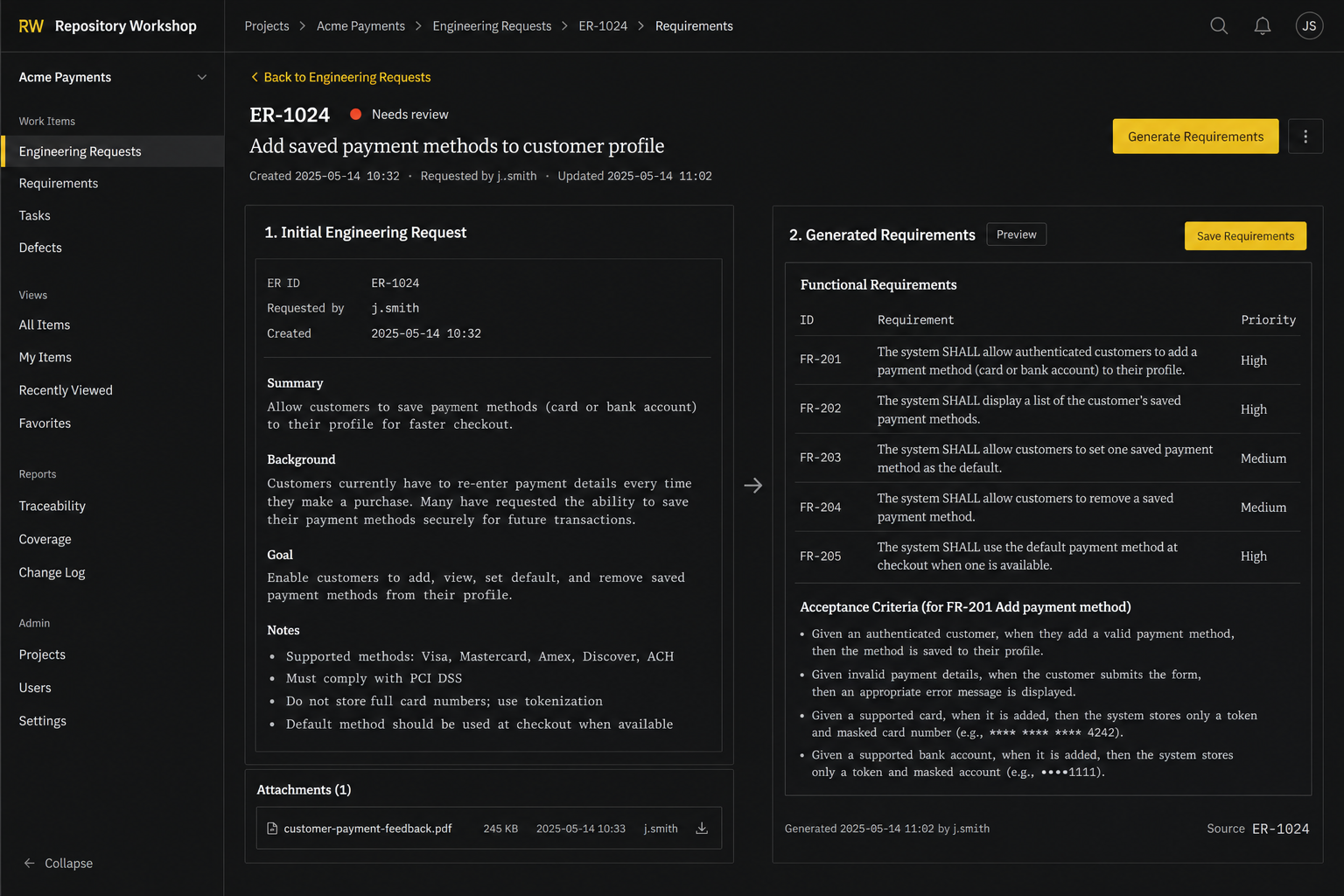 IDE capture converting an engineering request into explicit requirements and acceptance criteria.