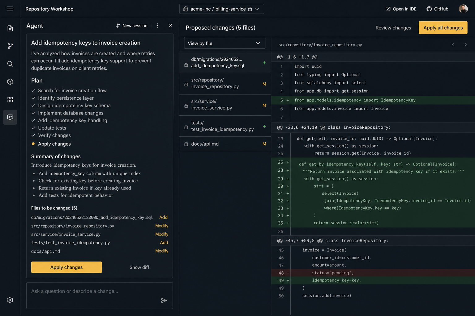IDE capture showing an agent applying and explaining a planned change across an unfamiliar repository.