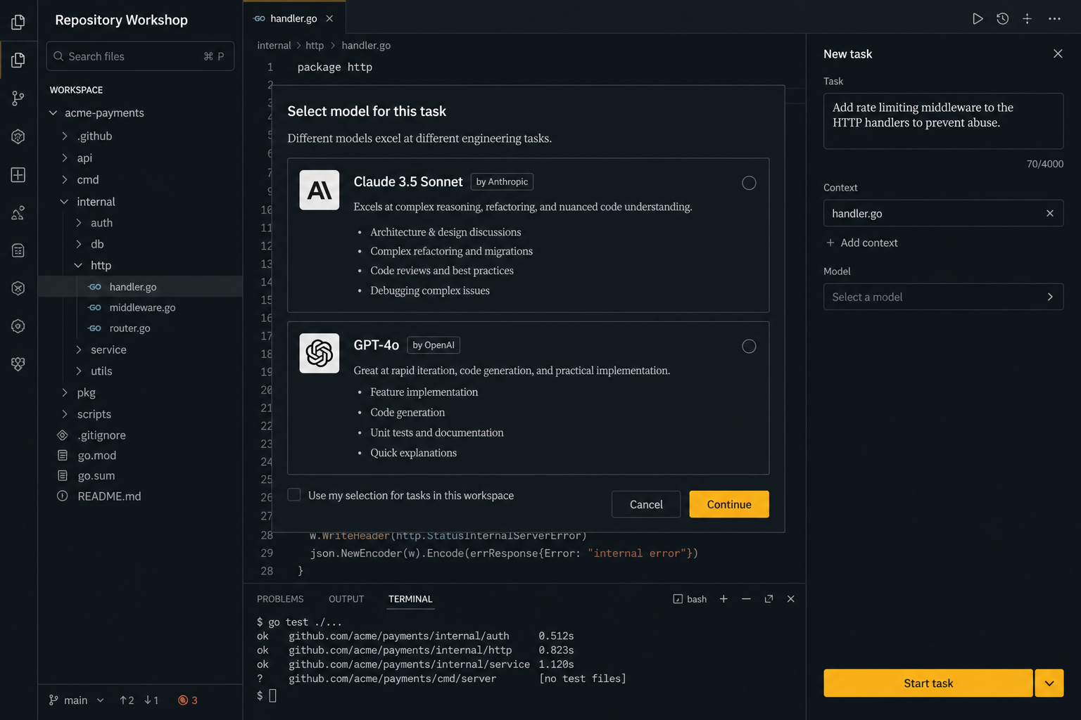 IDE model selector showing Claude and OpenAI as available choices