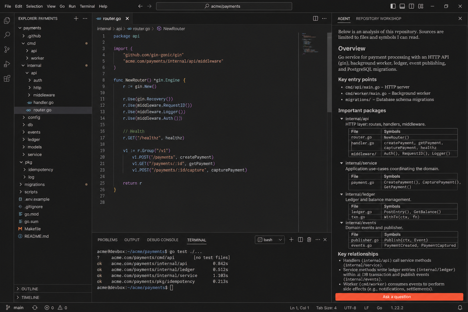 IDE explaining key files, symbols, and relationships in an unfamiliar repository