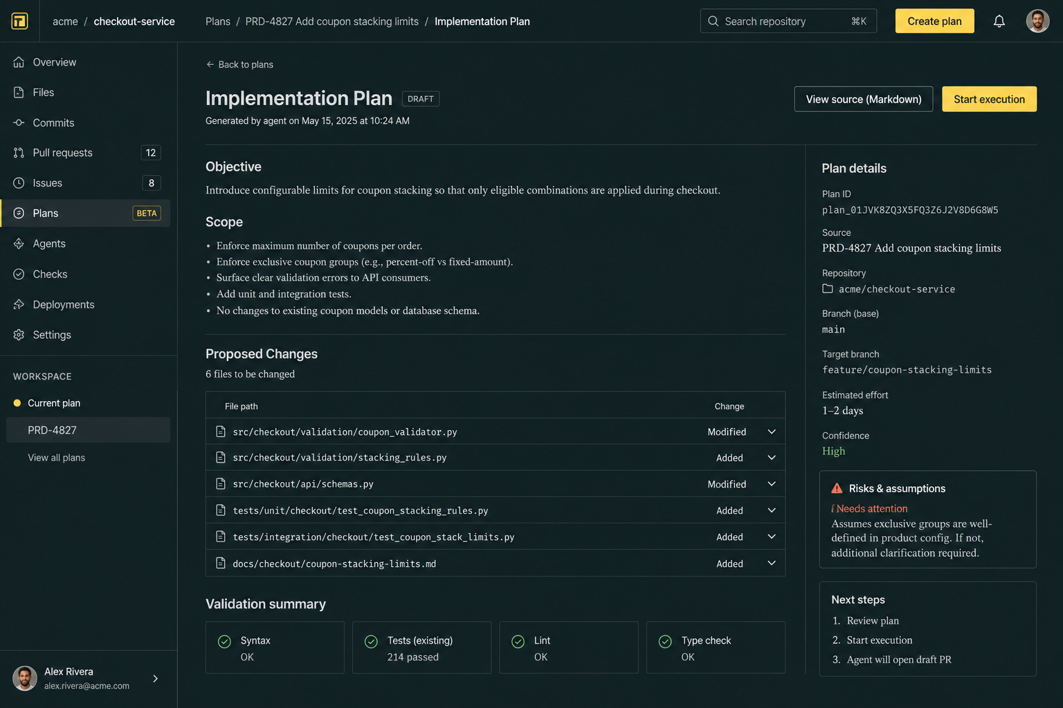 IDE showing an implementation plan for a targeted change in an existing codebase