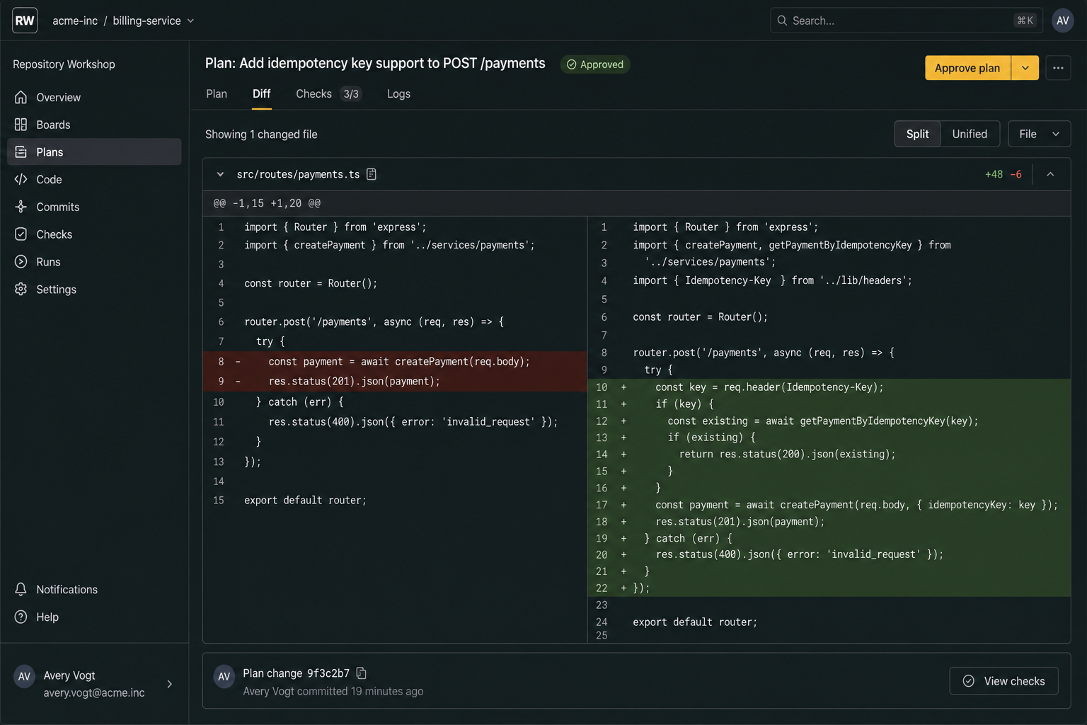 IDE showing a focused code diff produced from an approved implementation plan