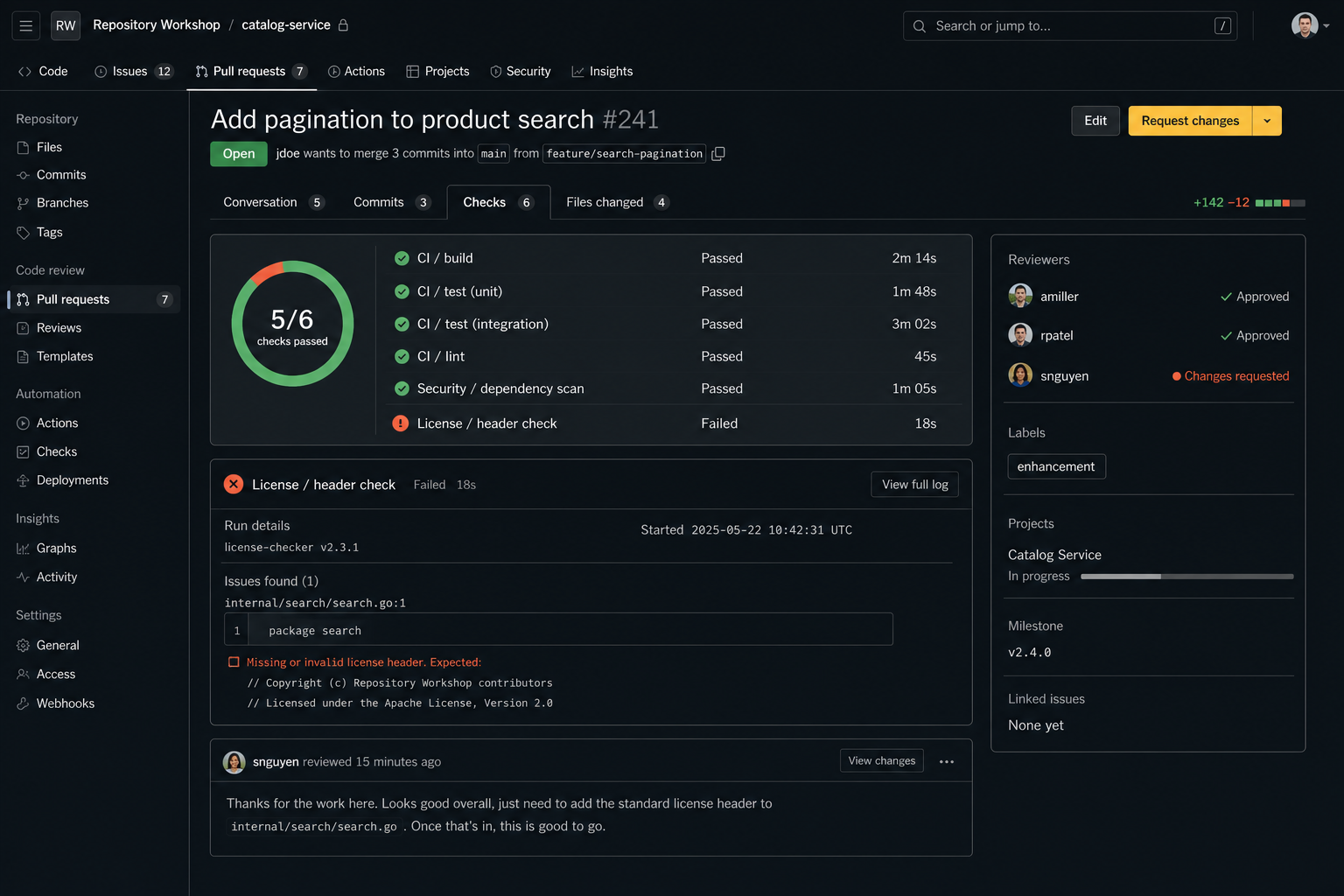 IDE validation state showing review findings and test results before a change is accepted