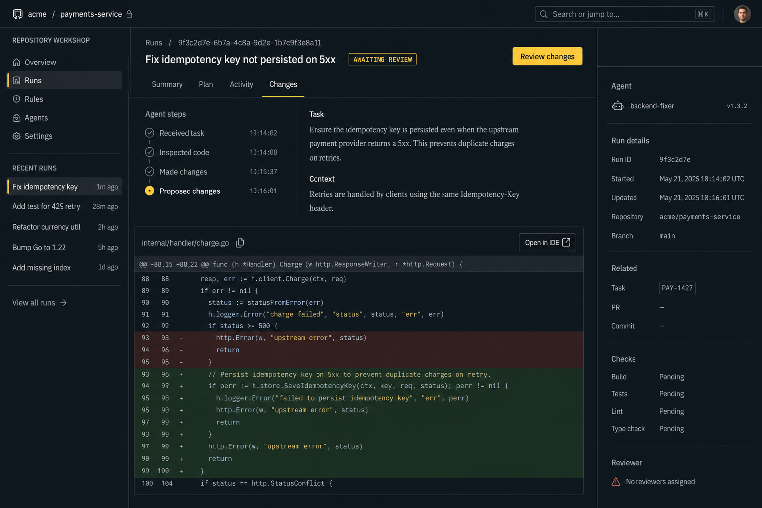 IDE interface showing an agent inspecting repository code and presenting a scoped proposed change for engineer review